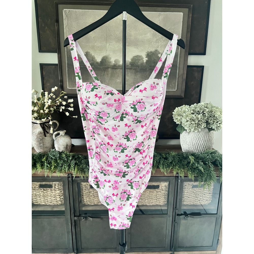 Betsey Johnson Pink Rose Floral Bow Bandeau One Piece Swimsuit BJOP-388 Medium